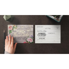 Birthday Party Save the Date Flowers Wood Lights Uitnodiging Briefkaart