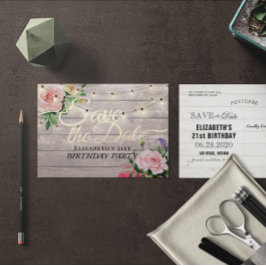 Birthday Party Save the Date Flowers Wood Lights Uitnodiging Briefkaart
