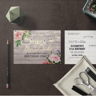 Birthday Party Save the Date Flowers Wood Lights Uitnodiging Briefkaart