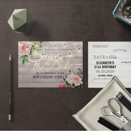 Birthday Party Save the Date Flowers Wood Lights Uitnodiging Briefkaart