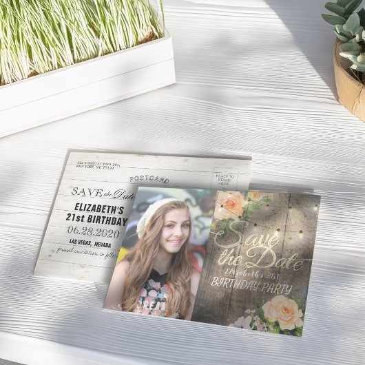 Birthday Party Save the Date Flowers Wood Lights Uitnodiging Briefkaart