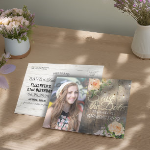 Birthday Party Save the Date Flowers Wood Lights Uitnodiging Briefkaart