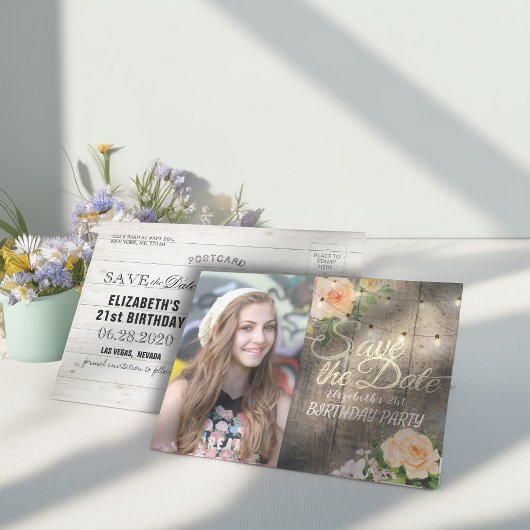 Birthday Party Save the Date Flowers Wood Lights Uitnodiging Briefkaart