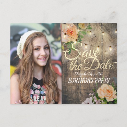 Birthday Party Save the Date Flowers Wood Lights Uitnodiging Briefkaart (Voorkant)