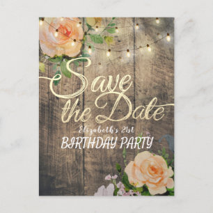 Birthday Party Save the Date Flowers Wood Lights Uitnodiging Briefkaart