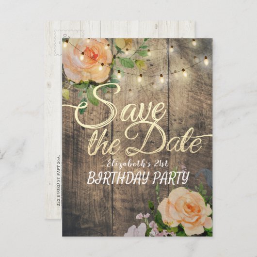 Birthday Party Save the Date Flowers Wood Lights Uitnodiging Briefkaart (Voorkant / Achterkant)
