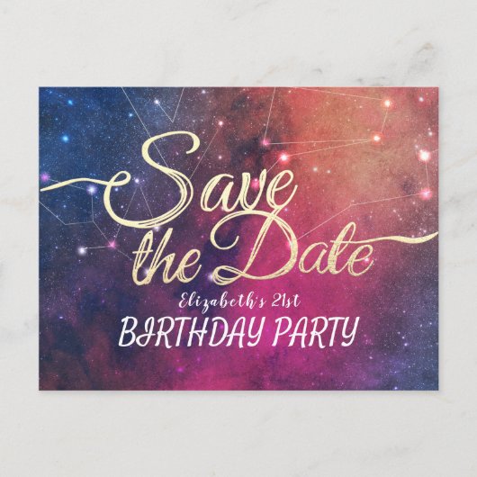 Birthday Party Save the Date Galaxy Stars Nebula Uitnodiging Briefkaart (Voorkant)