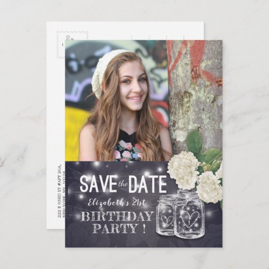 Birthday Party Save the Date Mason Jars Hydrangeas Uitnodiging Briefkaart (Voorkant / Achterkant)