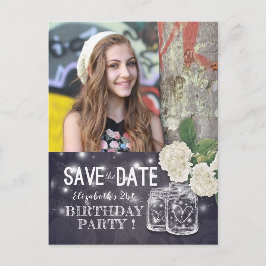 Birthday Party Save the Date Mason Jars Hydrangeas Uitnodiging Briefkaart (Voorkant)