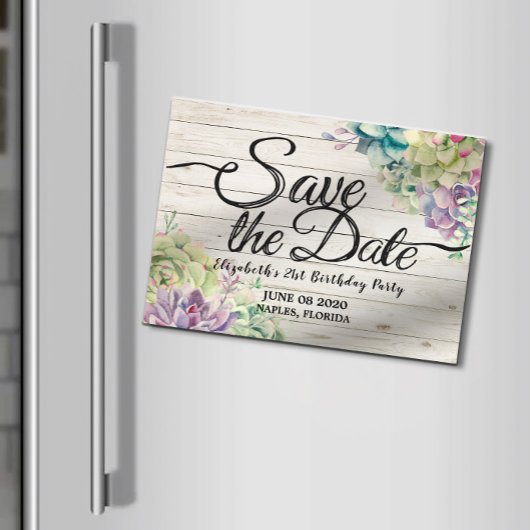 Birthday Party Save the Date Succulent Rustic Wood Magnetische Uitnodiging
