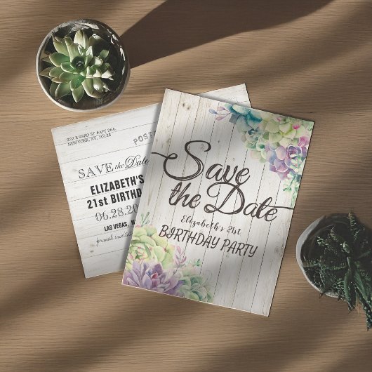 Birthday Party Save the Date Succulent Rustic Wood Uitnodiging Briefkaart