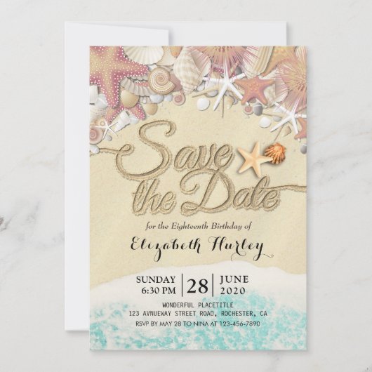 Birthday Party Save the Date Summer Beach Starfish Kaart (Voorkant)