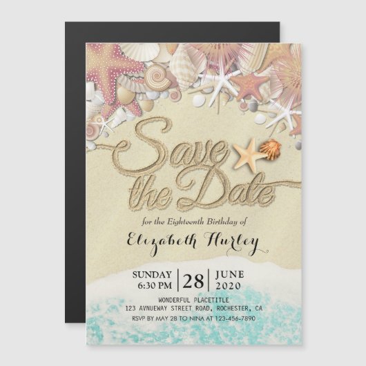 Birthday Party Save the Date Summer Beach Starfish Magnetische Uitnodiging (Voorkant / Achterkant)