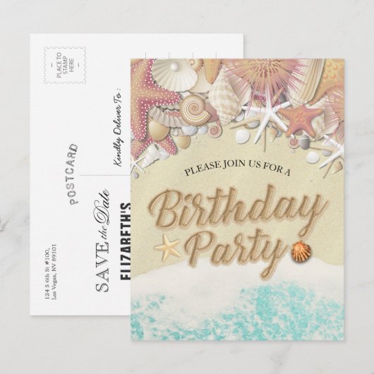 Birthday Party Save the Date Summer Beach Starfish Uitnodiging Briefkaart (Voorkant / Achterkant)