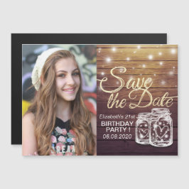 Birthday Party Save the Date Wood Mason Jar Lights Magnetische Uitnodiging