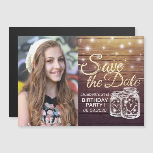 Birthday Party Save the Date Wood Mason Jar Lights Magnetische Uitnodiging (Voorkant / Achterkant)