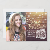 Birthday Party Save the Date Wood Mason Jar Lights Magnetische Uitnodiging (Voorkant)