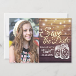 Birthday Party Save the Date Wood Mason Jar Lights Magnetische Uitnodiging