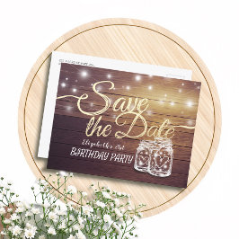 Birthday Party Save the Date Wood Mason Jar Lights Uitnodiging Briefkaart