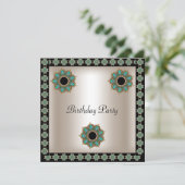 Birthday Party Sepia Black Blauwgroen Art Deco Kaart (Staand voorkant)