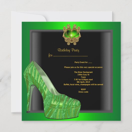 Birthday Party Shoe Gold Lime Green Black Zebra Kaart (Achterkant)