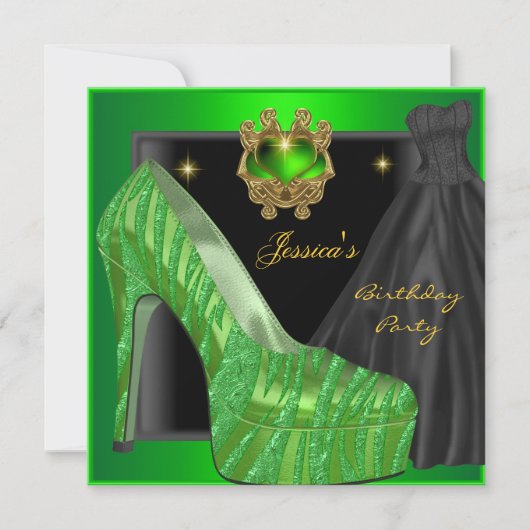 Birthday Party Shoe Gold Lime Green Black Zebra Kaart (Voorkant)