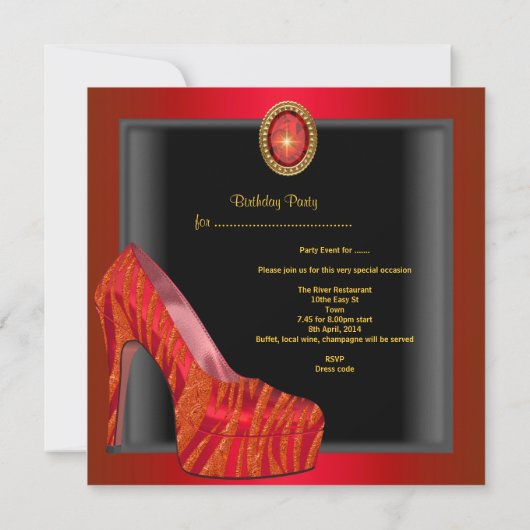 Birthday Party Shoe Gold Red Black Zebra Kaart (Achterkant)