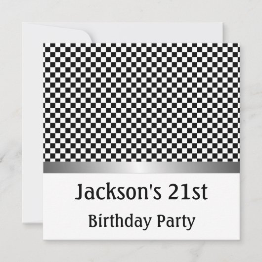 Birthday Party Silver Black & White Check Patroon Kaart (Voorkant)