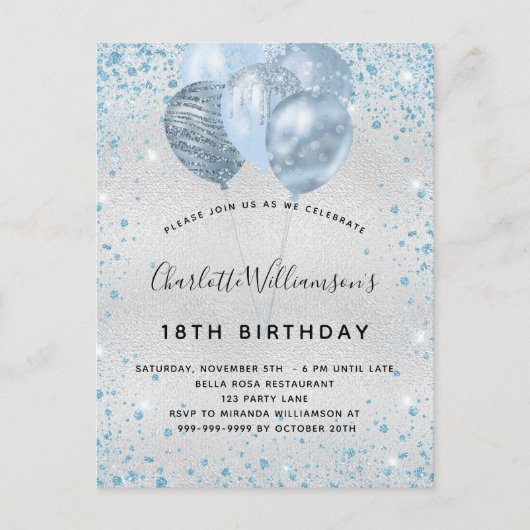 Birthday party Silver Blauwe Glitter Uitnodiging (Voorkant)