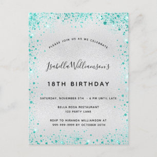 Birthday party Silver blauwgroen glitter glazen no Briefkaart