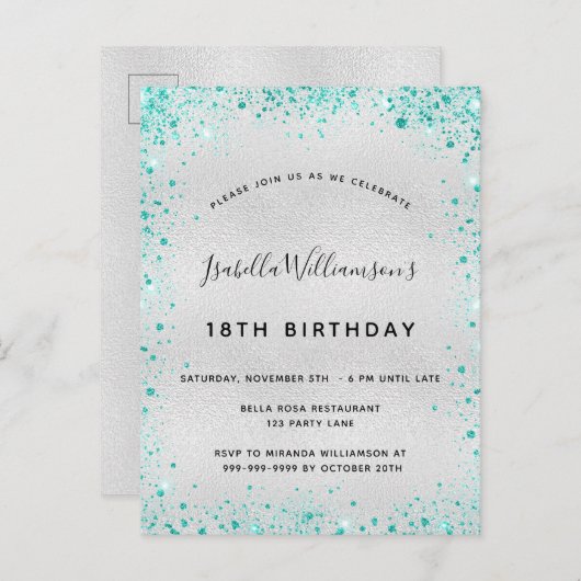 Birthday party Silver blauwgroen glitter glazen no Briefkaart (Voorkant / Achterkant)
