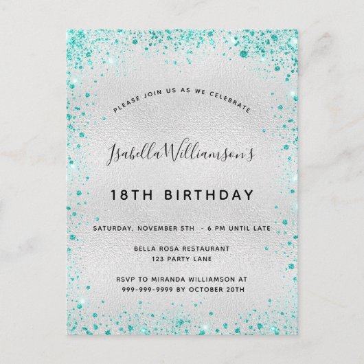 Birthday party Silver blauwgroen glitter glazen no Briefkaart (Voorkant)