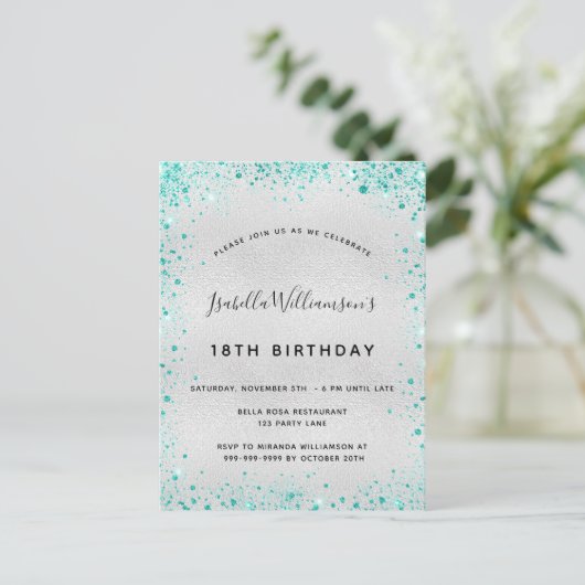 Birthday party Silver blauwgroen glitter glazen no Briefkaart (Staand voorkant)