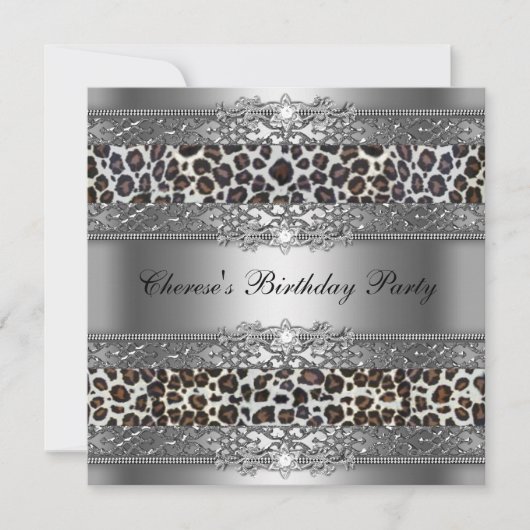 Birthday Party Silver Cheetah Diamond Kaart (Voorkant)