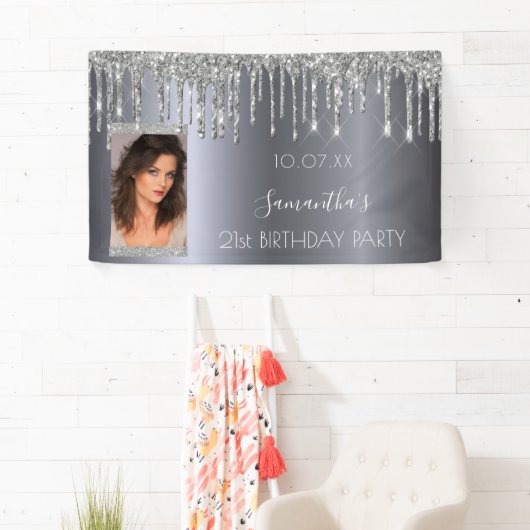 Birthday party Silver Custom Fotoglitter name Spandoek (Insitu)