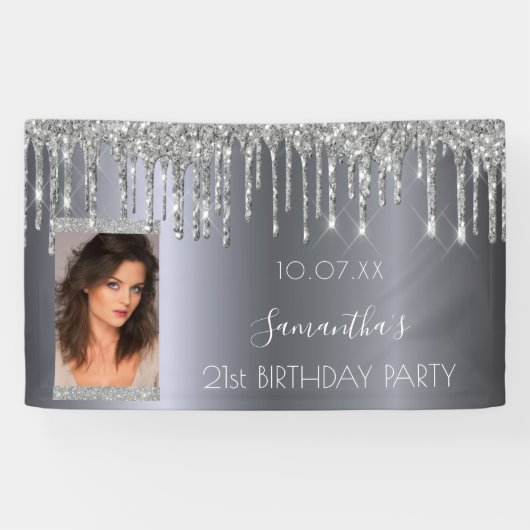 Birthday party Silver Custom Fotoglitter name Spandoek (Horizontaal)