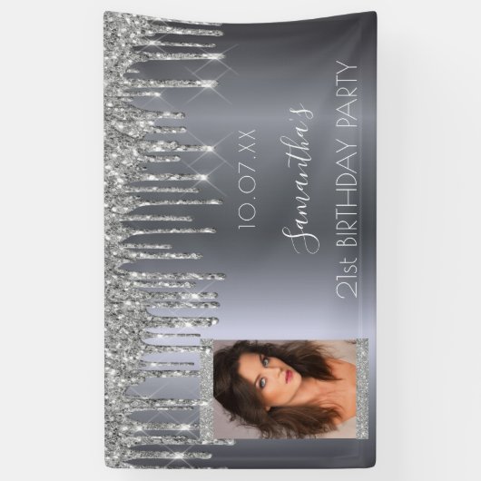 Birthday party Silver Custom Fotoglitter name Spandoek (Verticaal)