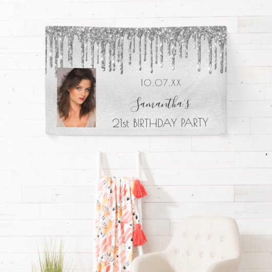 Birthday party Silver Fotoglitter monogram Spandoek (Insitu)