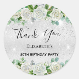 Birthday Party Silver Glitter floral Bedankt Ronde Sticker