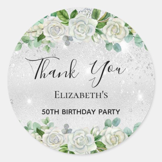 Birthday Party Silver Glitter floral Bedankt Ronde Sticker (Voorkant)