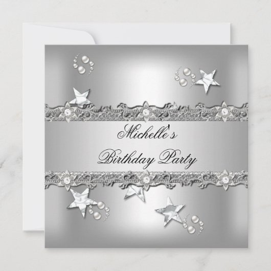 Birthday Party Silver Gray Pearl Diamond Kaart (Voorkant)