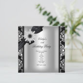 Birthday Party Silver Grey Black Damask Flower Kaart (Staand voorkant)