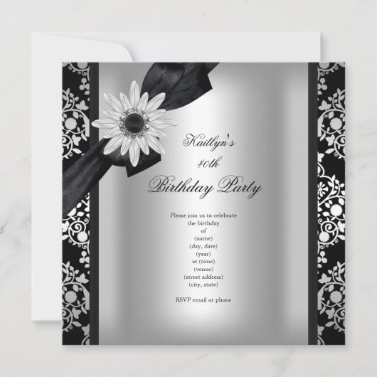 Birthday Party Silver Grey Black Damask Flower Kaart (Voorkant)