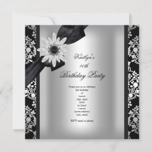 Birthday Party Silver Grey Black Damask Flower Kaart