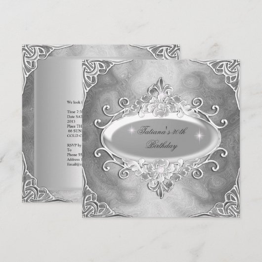 Birthday Party Silver on Silver Metal Glitter 2 Kaart (Voorkant / Achterkant)