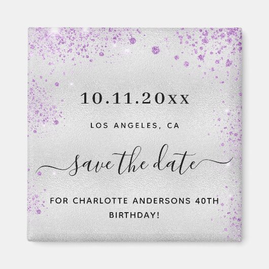 Birthday party Silver paarse glitter save the date Magneet (Voorkant)