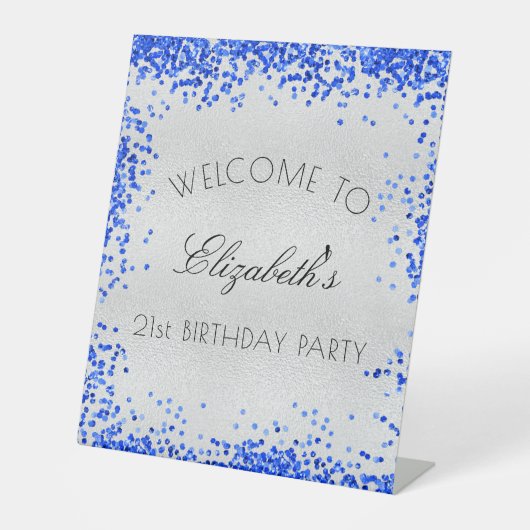 Birthday party Silver Royal Blue confetti Welkom Reclamebord Met Voetstuk (Voorkant)