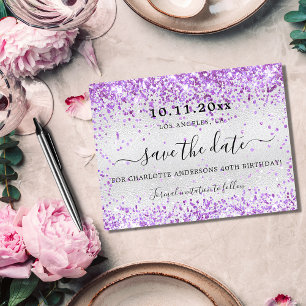 Birthday party Silver violet glitter save the date Aankondigingskaart