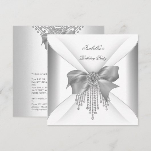 Birthday Party Silver White Diamond Bow Kaart (Voorkant / Achterkant)