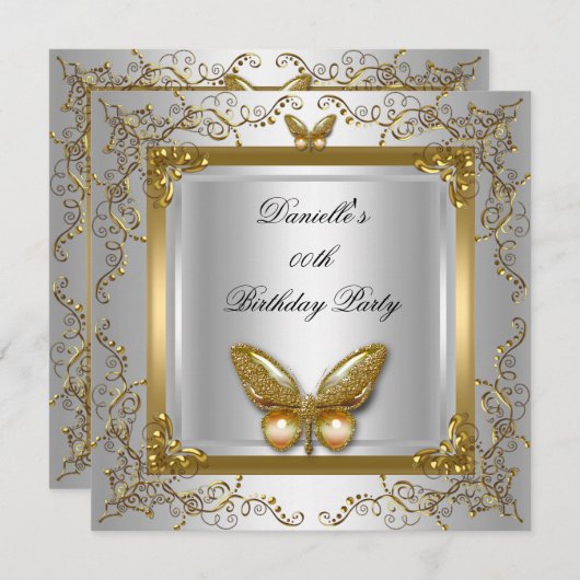 Birthday Party Silver White Gold Butterfly Kaart (Voorkant / Achterkant)